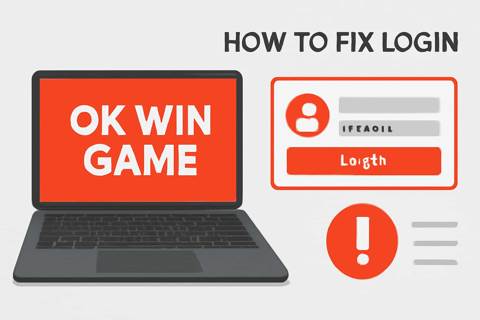 An informational scene about troubleshooting login issues for the Ok Win Game, featuring the text 'Ok Win Game'.