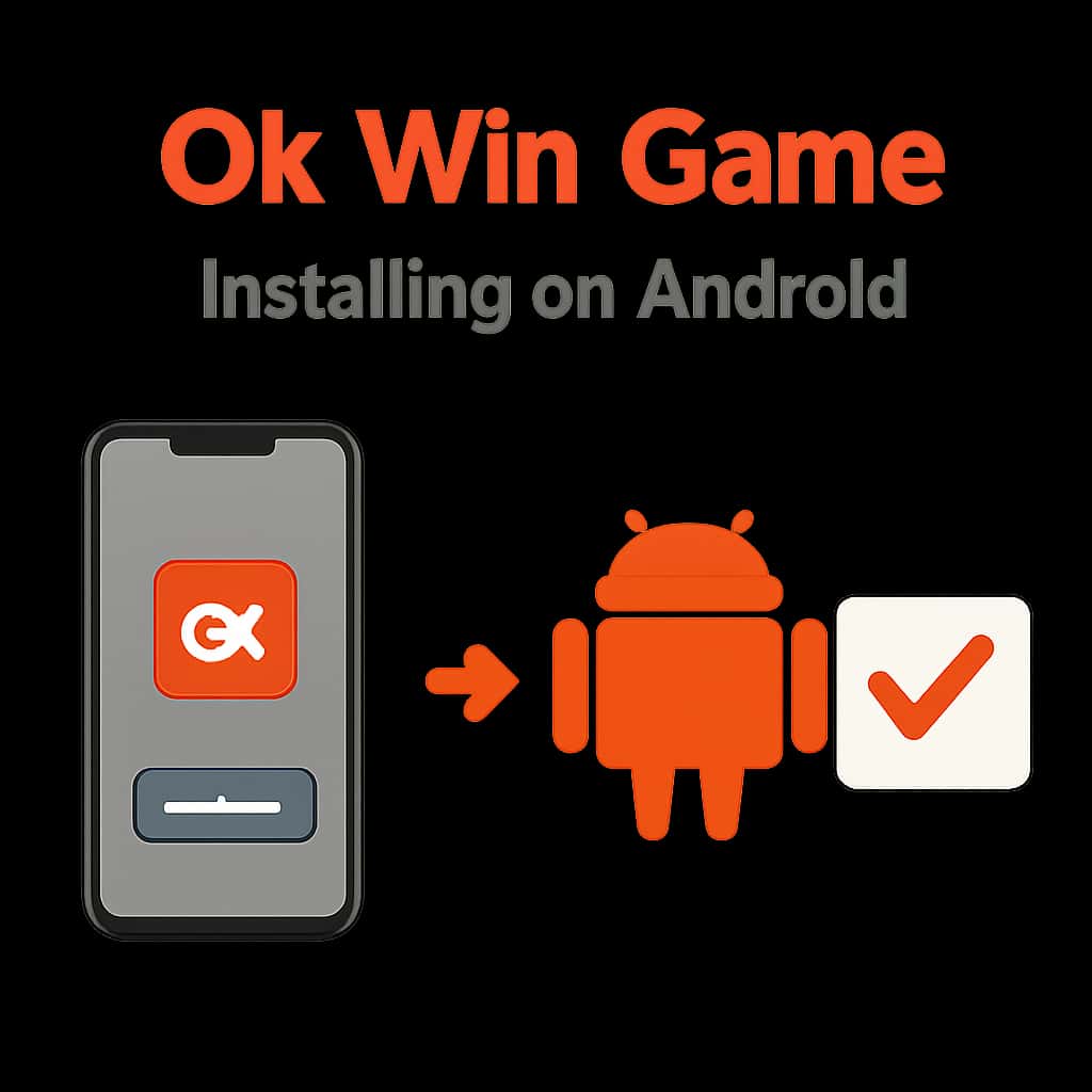 An educational illustration detailing the installation steps for Ok Win Game on Android.